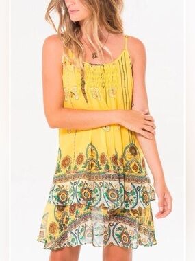Farm Rio Yellow Floral Chiffon Dress Boho Tiered Mini Size Small
